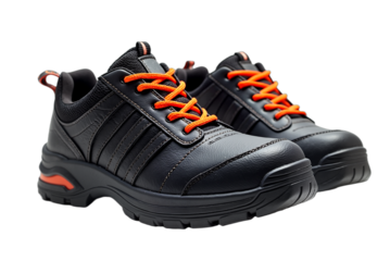 Black work shoes, one with orange laces, isolated on transparent background. Safety footwear for construction, manufacturing, or industrial safety campaigns.