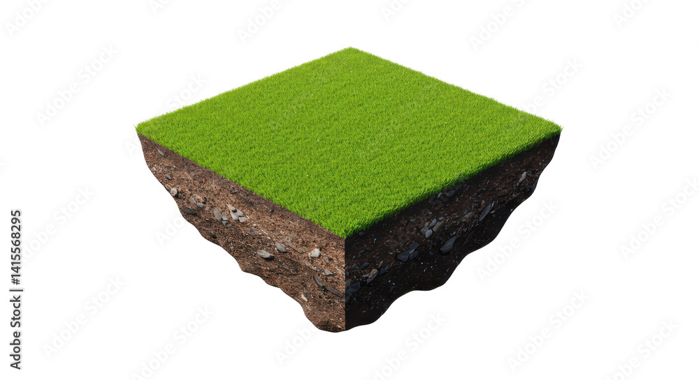 Poster isometric view of a grass block with soil and rocks on a black background in a square shape