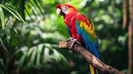Obraz premium Vibrant macaw perched on branch amidst lush tropical foliage.
