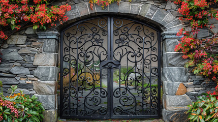 A contemporary wrought iron garden gate with a minimalist wave design, set against a stone wall with creeping ivy and bright flowers.