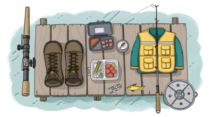 Overhead view of fishing gear on a dock, including a fishing rod, boots, and tackle box