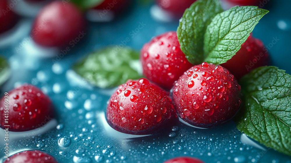 Poster a fresh red cherry splashing into water, surrounded by droplets, creating a dynamic and refreshing c