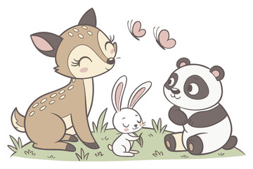 Adorable Woodland Friends Deer, Rabbit, and Panda Illustration
