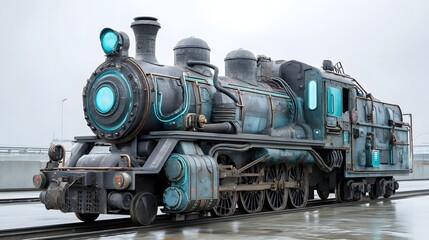 Naklejka premium A steam powered locomotive with a retrofuturistic time engine featuring an array of pipes gauges