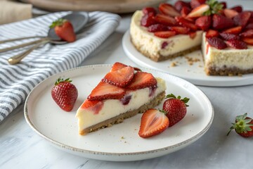 Strawberry cheesecake slice on a white plate, minimal styling, soft shadows