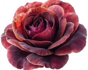 Close-up of a vibrant red rose in full bloom, showcasing intricate petals and textures