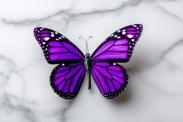 Obraz premium Purple Butterfly on Marble - A vibrant purple butterfly with intricate details rests gracefully on a sleek marble surface. Symbolizing transformation, beauty, freedom, grace, and serenity