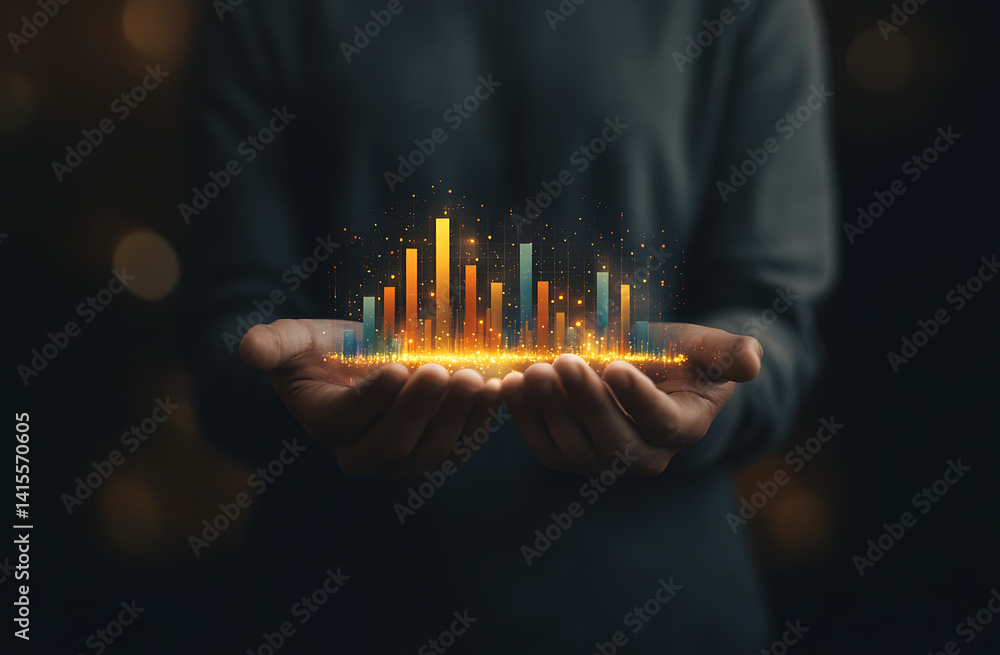 Poster glowing bar graph data visualization held in hands