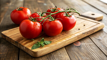 Red Tomatoes on cutting board on table in kitchen room with sunny day in natural Background