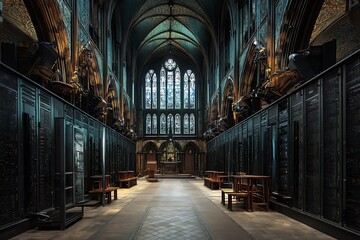 Obraz premium A serene cathedral interior with stained glass windows, juxtaposed with modern server racks, creating a blend of history and technology.