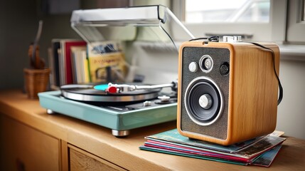 A vintage inspired wireless bookshelf speaker with a warm wooden finish sits alongside a classic analog record player on a cluttered desk creating a cozy and nostalgic home audio setup