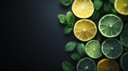 Lemons, limes, mint on dark background; food blog, recipe