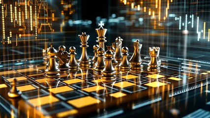 Golden chess pieces on a futuristic board with digital graphs and glowing elements in the background