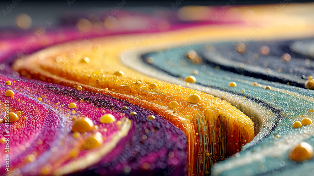 Poster vivid close-up of abstract colorful layers with fluid contours and glistening droplets resembling a 