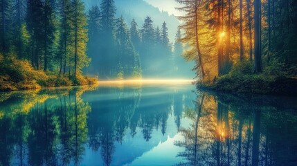 Obraz premium A serene forest scene with a lake in the foreground