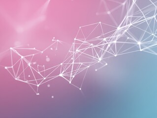 Abstract interconnected network with glowing white lines and nodes against a soft pink and blue gradient background, futuristic concept.