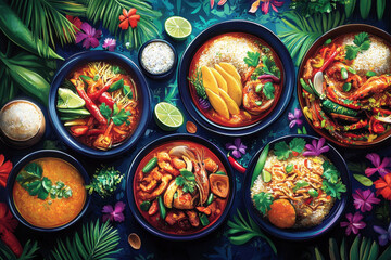 Bowls of Thai food surrounded by tropical leaves and flowers.