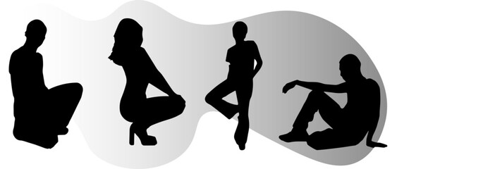 Black silhouettes of different poses of girls and guys with black and white gradient