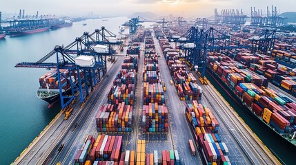 An automated container port with AI-controlled cranes loading ships  