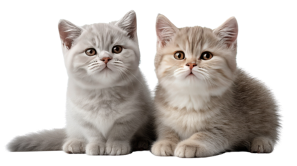 Sweet Companions: Two adorable British Shorthair kittens, one in classic silver and the other in a delightful cream tabby, gaze up with curious eyes.