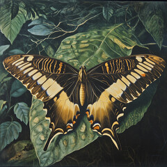 Clipper butterfly (Parthenos sylvia) wings open, at rest on leaf