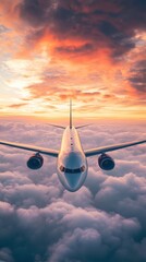 An airplane flying above the clouds during a beautiful sunset