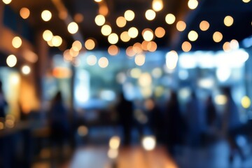 Blurred interior scene of a restaurant with lights and people creating a bokeh effect indoors