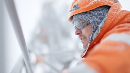 maintenance technical inspection infrastructure concept. A worker in snowy conditions wearing protective gear.