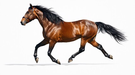 Obraz premium Horse galloping across an empty white background its muscular form emphasized with realistic shading
