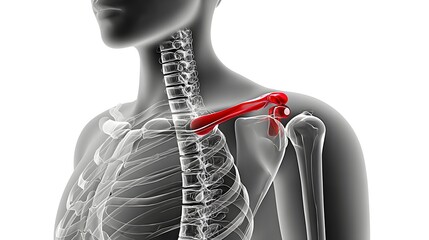 Close up 3D highlighting the collarbone area with a red mark indicating a possible fracture or bruising injury