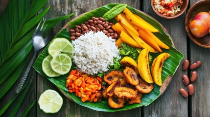 Traditional Caribbean dish with coconut rice and fried plantains served on a banana leaf - colorful, tropical, and culturally rich food scene from above.