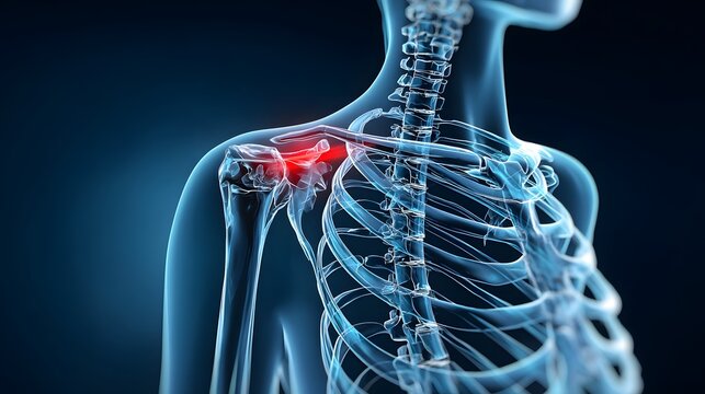 Close up 3D medical showing the skeletal structure of the collarbone area with a highlighted injury or fracture