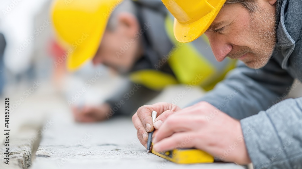 Poster maintenance technical inspection infrastructure concept. construction workers measuring with precisi