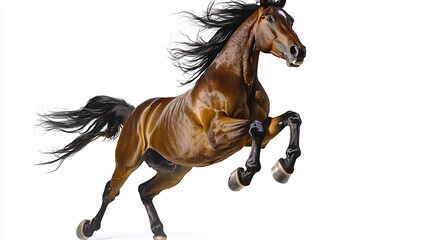 Fototapeta premium Horse on a white background captured rearing up on its hind legs with its mane and tail flowing dramatically