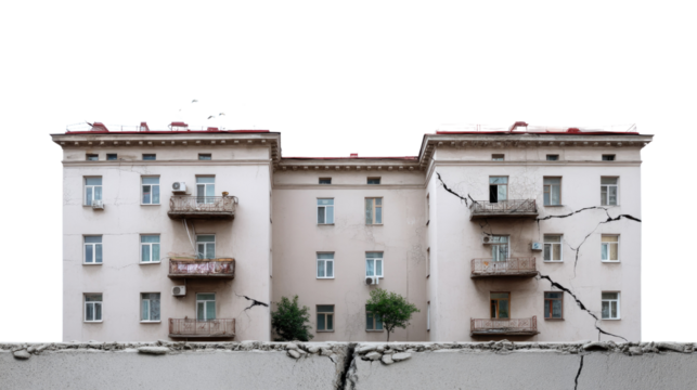 Cracked Facade: A visual narrative of urban decay and structural fragility unfolds as a historical building bears the scars of time and possible damage.