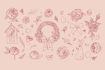 Easter doodles with rabbit and peones on pink