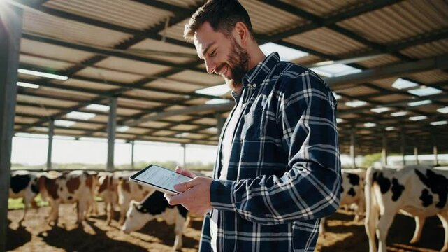 Farmer using tablet to monitor dairy cows in sunlit barn with modern agriculture technology