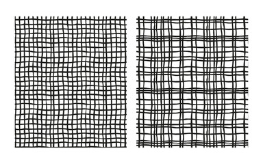 Fototapeta premium eamless hand-drawn checkered pattern with square, mesh, and plaid elements. Black and white geometric background featuring uneven vertical and horizontal doodle-style stripes. 