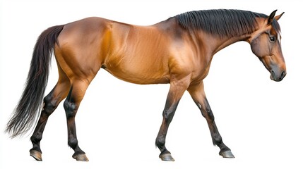 Obraz premium Horse on a white background captured in a serene stance with its head slightly bowed and tail swishing