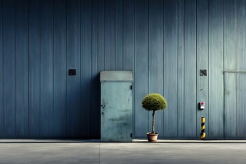 Minimalist industrial exterior with a simple green bush plant and a closed door against a blue wall