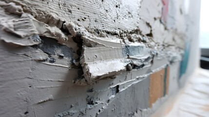 Close up view of a wall in the process of plastering showing multiple layers of base coat and top coat materials