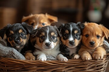 Adorable Puppies Sitting Together in a Wicker Basket