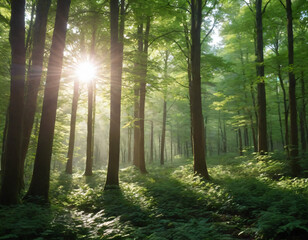 Obraz premium Sunlight filters through dense green foliage, creating dappled light on moss-covered trees and a misty forest floor.