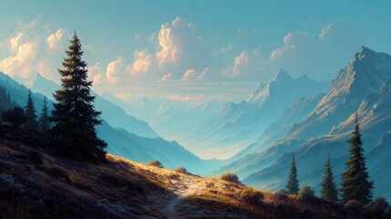 Hiking Trail Through a Mountain Valley with Evergreen Trees and Clouds