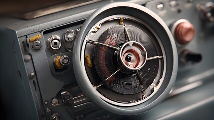 Closeup view of the internal components of a vintage reel to reel audio recorder focusing on the intricate details of the mono speaker mechanism