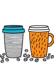 A colorful drawing featuring a coffee cup and a beer mug, surrounded by coffee beans.