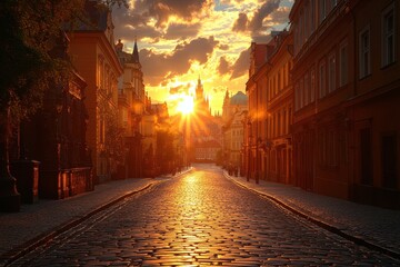 Fototapeta premium Sunset Over Historic Cobblestone Street in European City