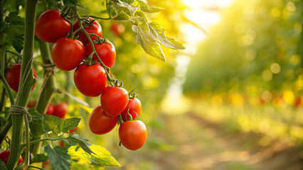 Tomatoes on trees in field with warm sunlight natural sunny day background,  Tometo growing in field
