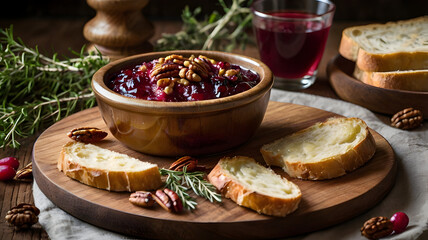 Gourmet baked Brie with cranberry jam and assorted herbs 