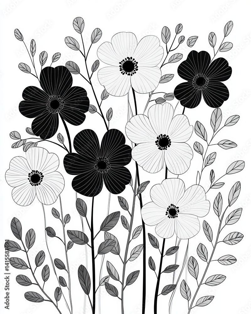 Poster a black and white drawing of flowers with varying petal patterns and leaves, creating a stylized bot